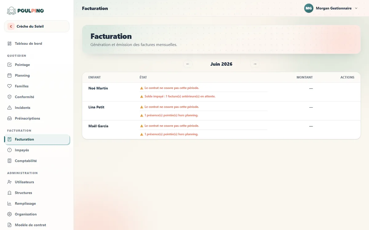 Écran de facturation gestionnaire Poulpino